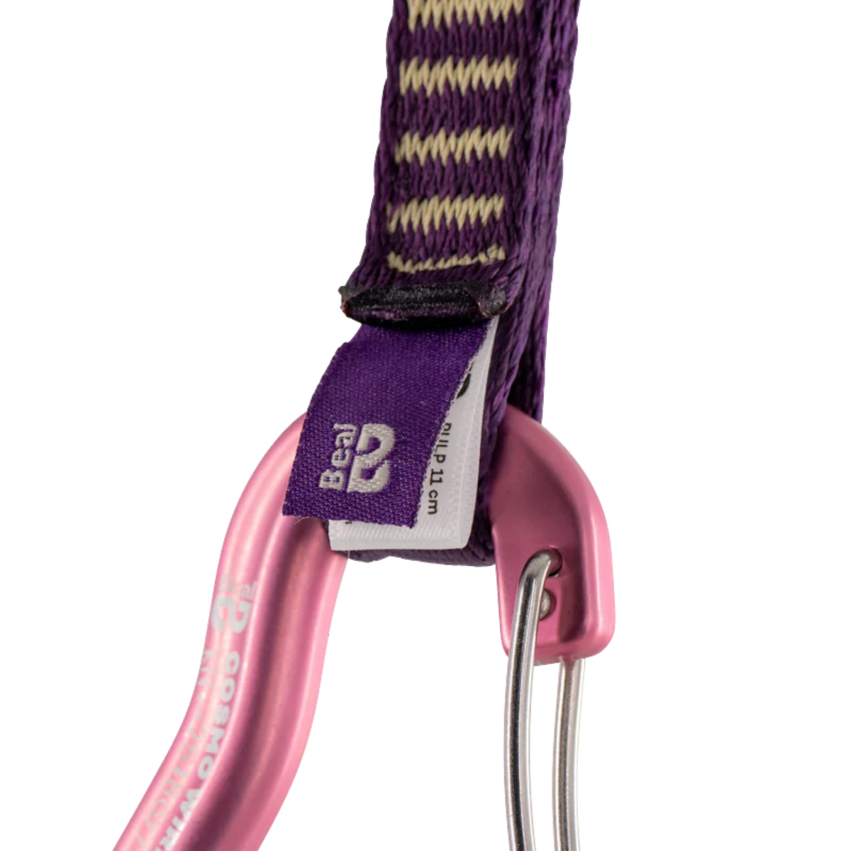 Dégaine d'escalade 4c+ Pulp Quickdraw 11cm avec sangle violette et mousqueton en aluminium rose