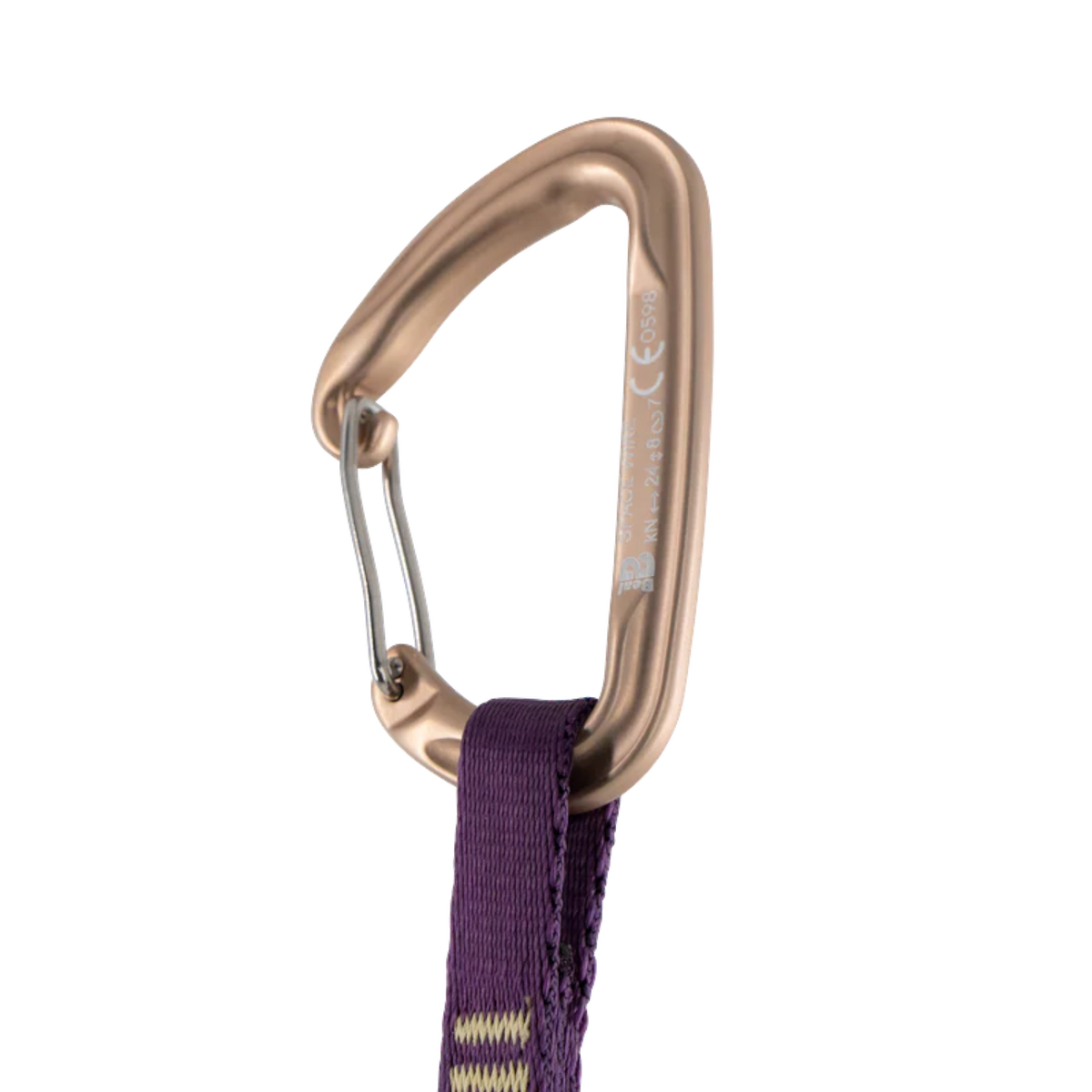Mousqueton d'escalade Beal Space Wire couleur bronze avec sangle violette pour dégaine 4c+ Pulp Quickdraw