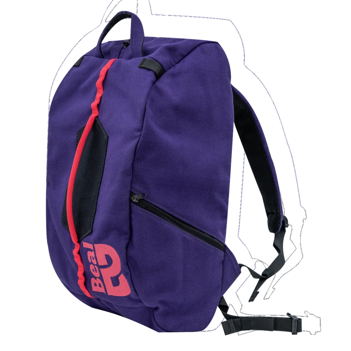 Sac à corde d'escalade 4c+ Beal Combi Cliff II violet avec bretelles ajustables et fermeture éclair rouge