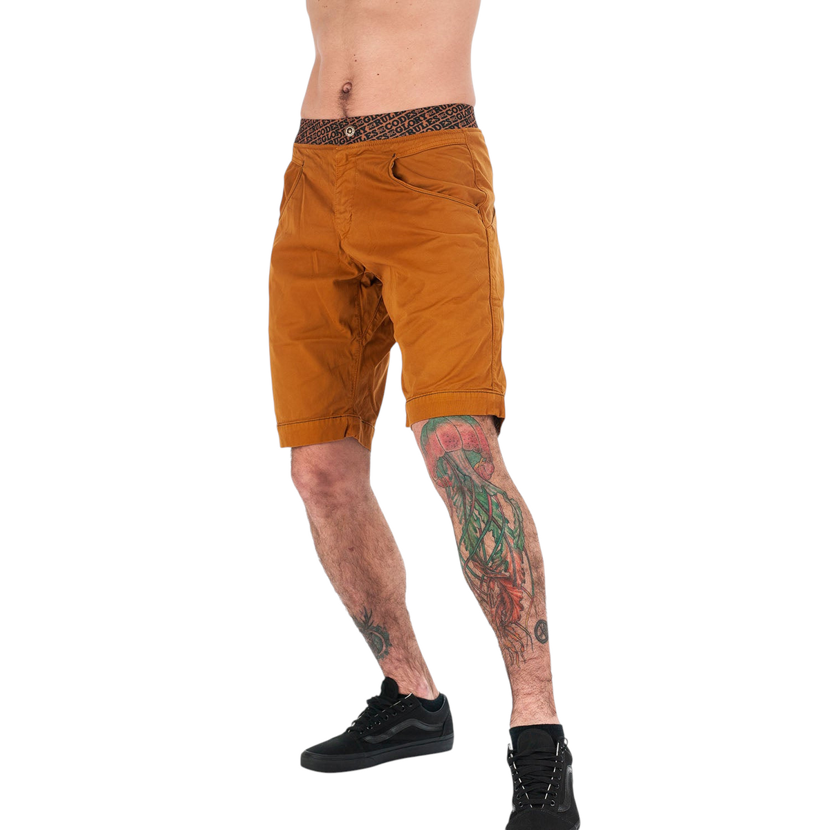 Short d'escalade 4c+ Sahel couleur ocre avec ceinture élastique logotée, coupe ergonomique pour une liberté totale