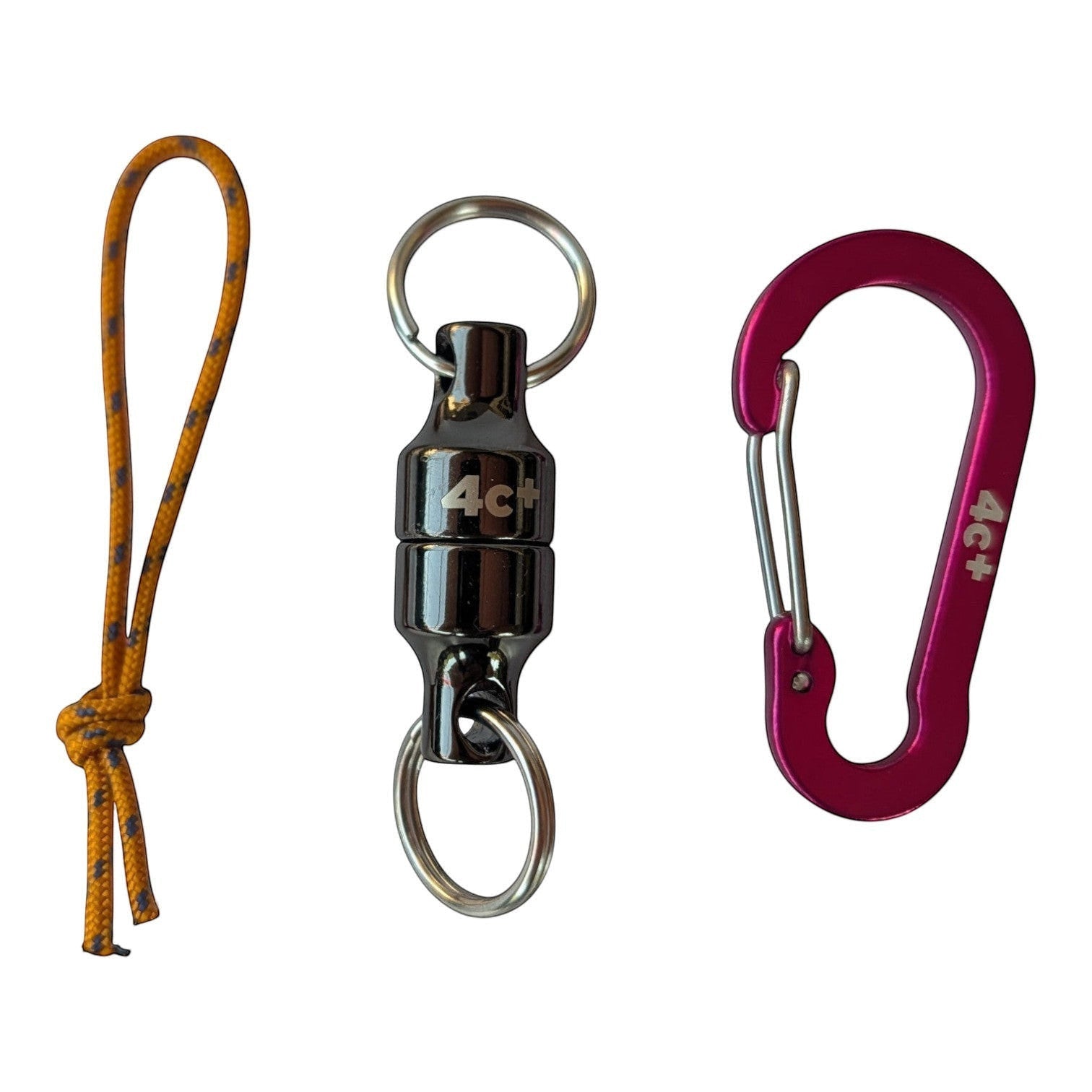 Sistema magnético 4c+ CLIPMAG con mosquetón rosa, enganche metálico y cuerda naranja para brosse de escalada.