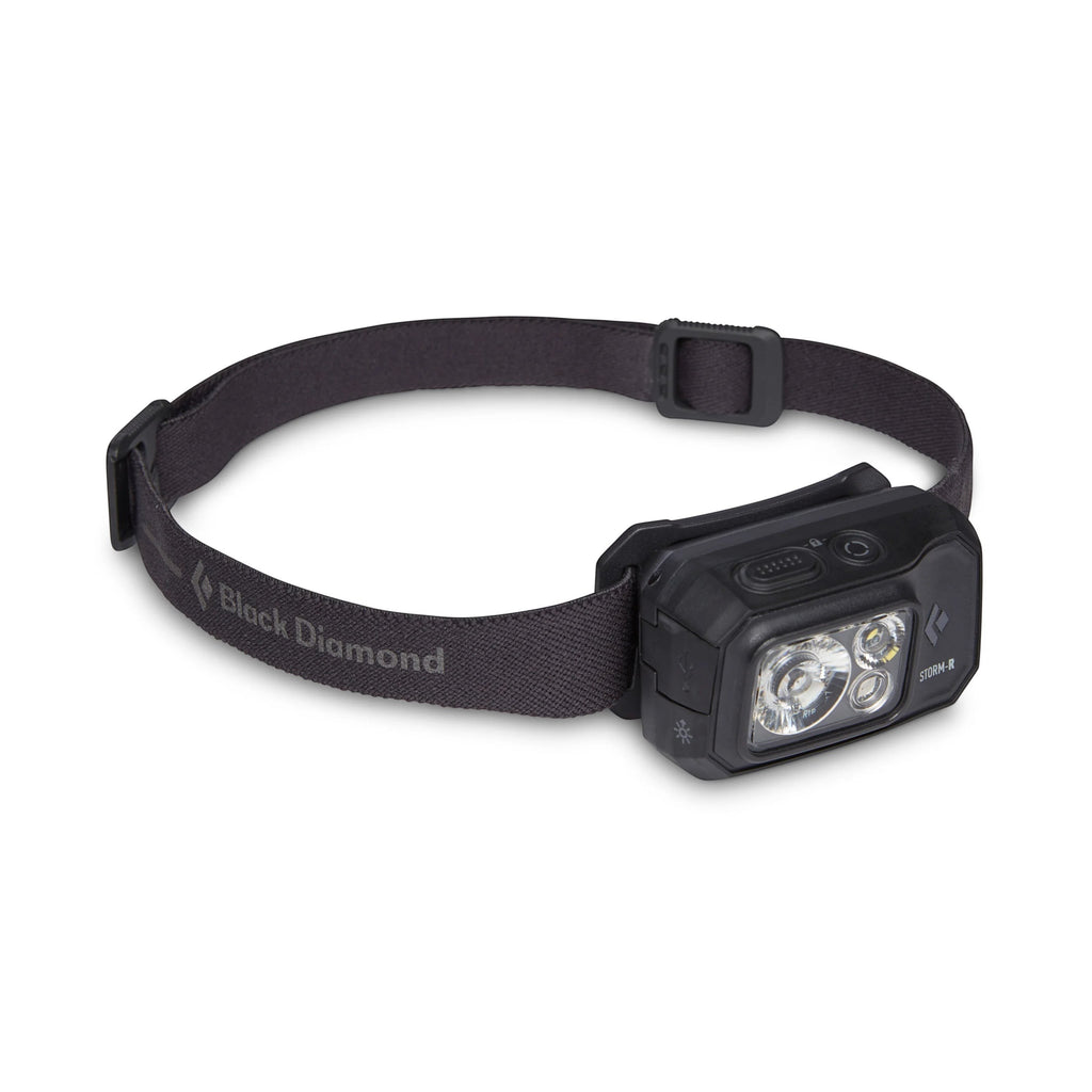 Linterna frontal recargable Black Diamond Storm 500-R en color negro con tecnología PowerTap y resistencia IP67