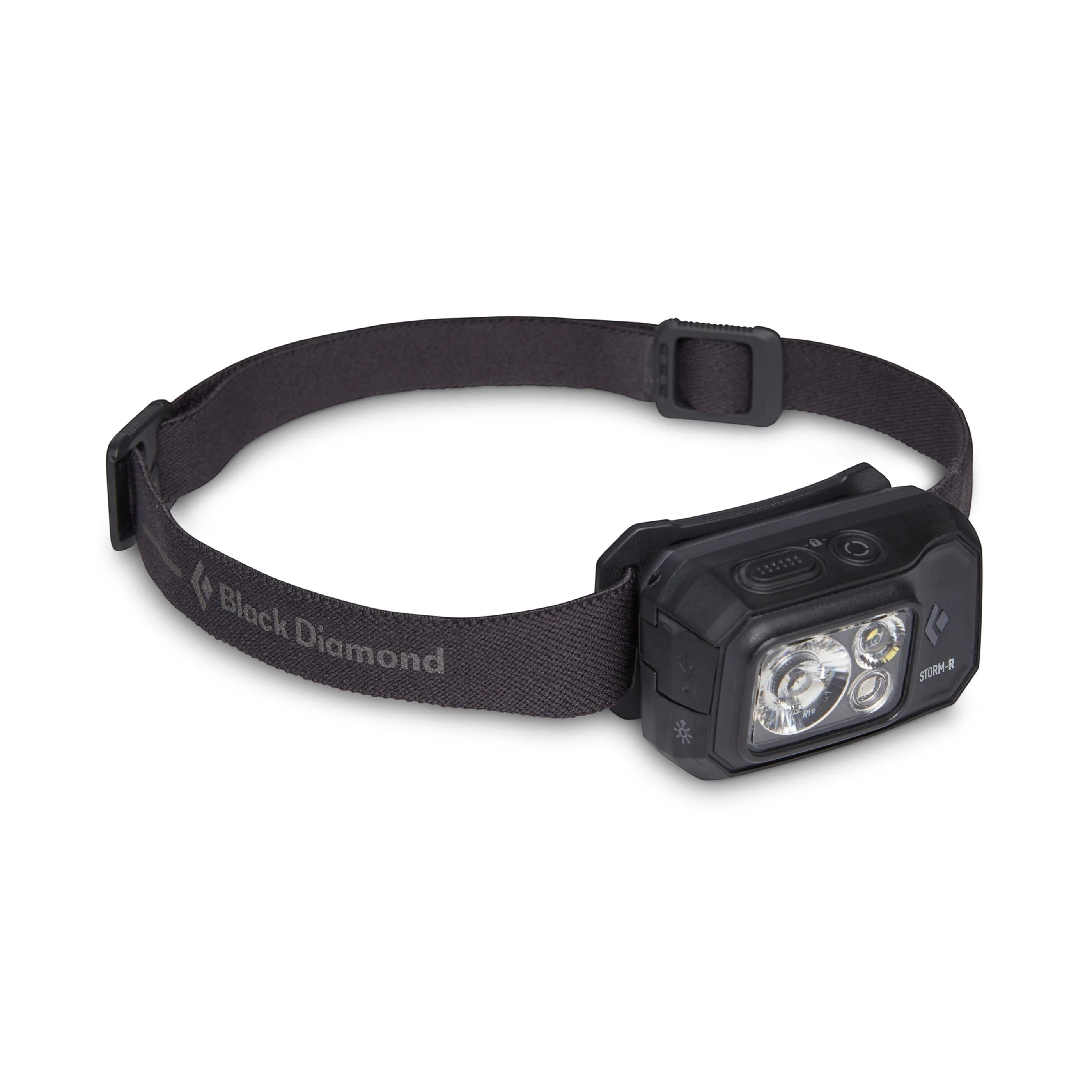 Linterna frontal recargable Black Diamond Storm 500-R en color negro con tecnología PowerTap y resistencia IP67