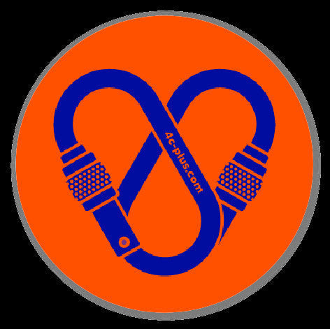 Sticker redondo 4c+ de vinilo naranja con diseño de mosquetón azul, resistente al agua para equipo outdoor.