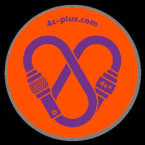 Sticker redondo de vinilo 4c+ naranja con diseño de mosquetón en forma de corazón, resistente al agua y exterior.