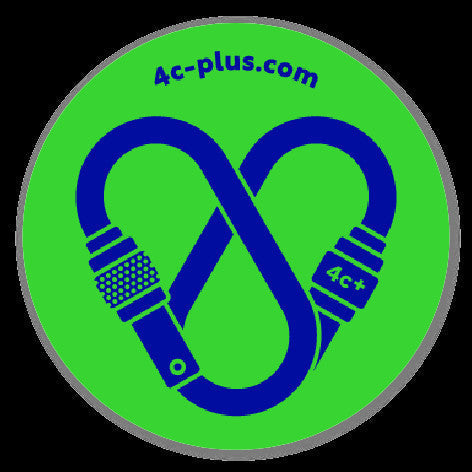 Sticker redondo 4c+ de vinilo resistente al agua con diseño de mosquetón azul sobre fondo verde para equipo outdoor.