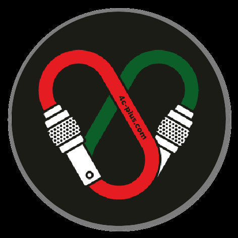 Sticker redondo 4c+ de vinilo resistente con diseño de mosquetones entrelazados en rojo y verde sobre fondo negro.