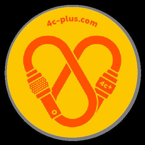 Sticker redondo 4c+ de vinilo amarillo con diseño de mosquetón naranja, resistente al agua para equipo outdoor.