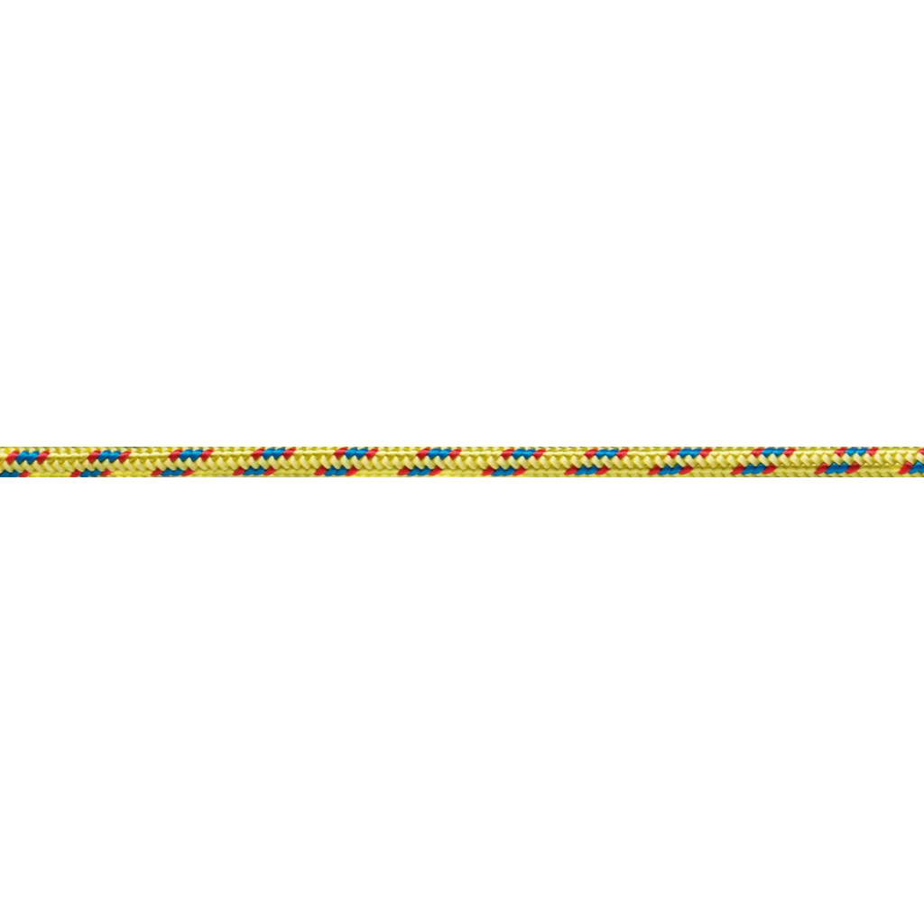 Cordelette Beal nylon 4 mm jaune avec motifs bleus et rouges, gros plan horizontal de la gaine tressée