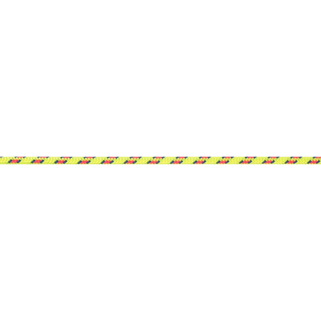 Cordelette Beal nylon 5 mm jaune avec motifs rouges et noirs, gros plan horizontal de la gaine tressée