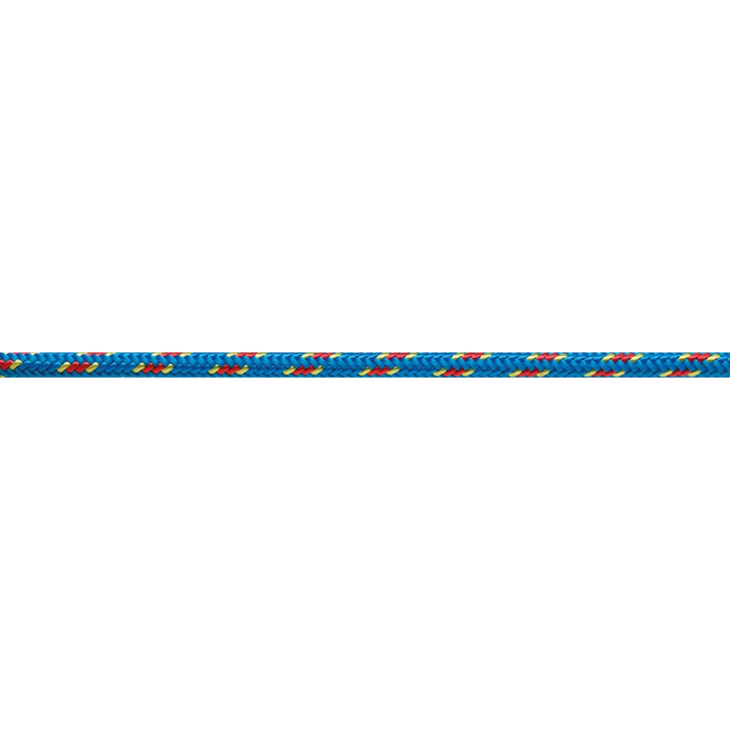Cordelette Beal nylon 6 mm bleue avec motifs rouges, gros plan horizontal de la gaine tressée
