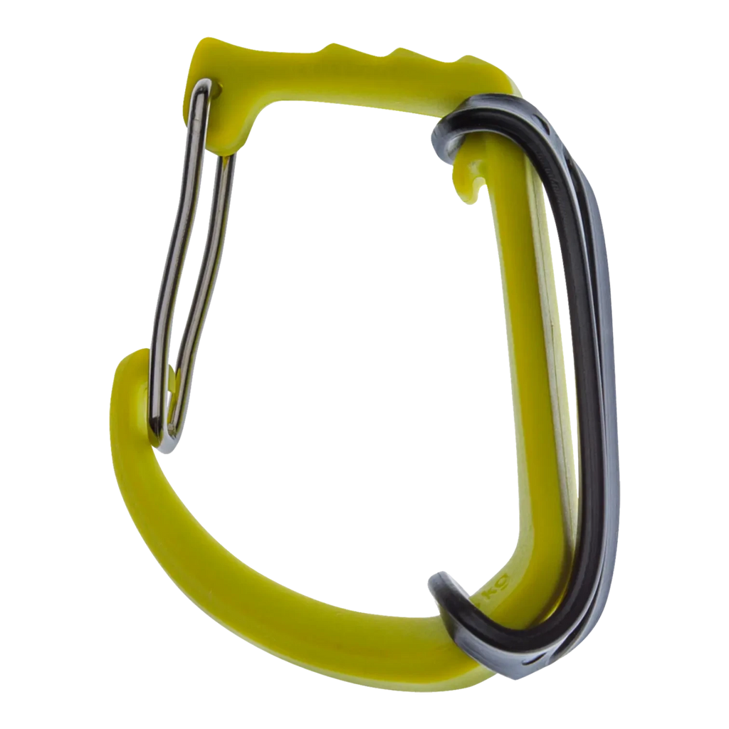 Porte-matériel Edelrid SM-Clip vert anis et gris, vue complète de profil avec grand crochet ouvert
