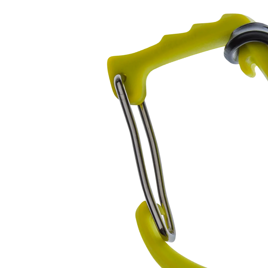 Porte-matériel Edelrid SM-Clip, gros plan de la partie supérieure vert anis et du crochet gris