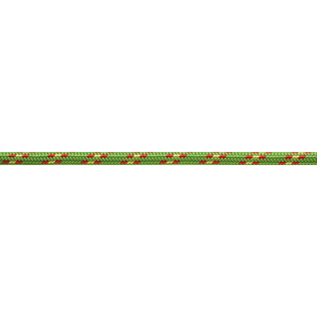 Cordelette Beal nylon 7 mm vert anis avec motifs rouges, gros plan horizontal de la gaine tressée