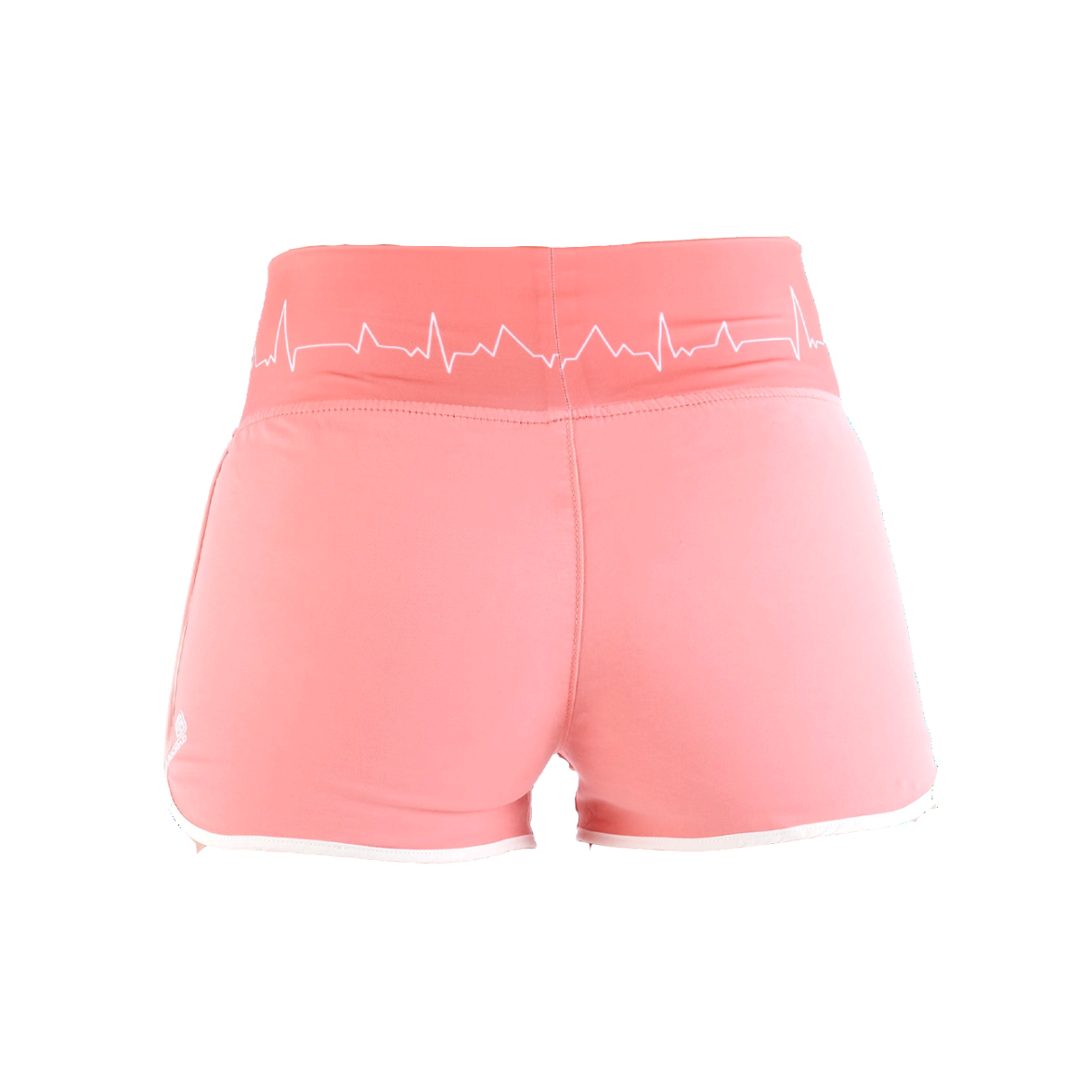 Short d’escalade femme Nograd Franc rose corail, vue de dos avec motif ligne de fréquence sur la ceinture