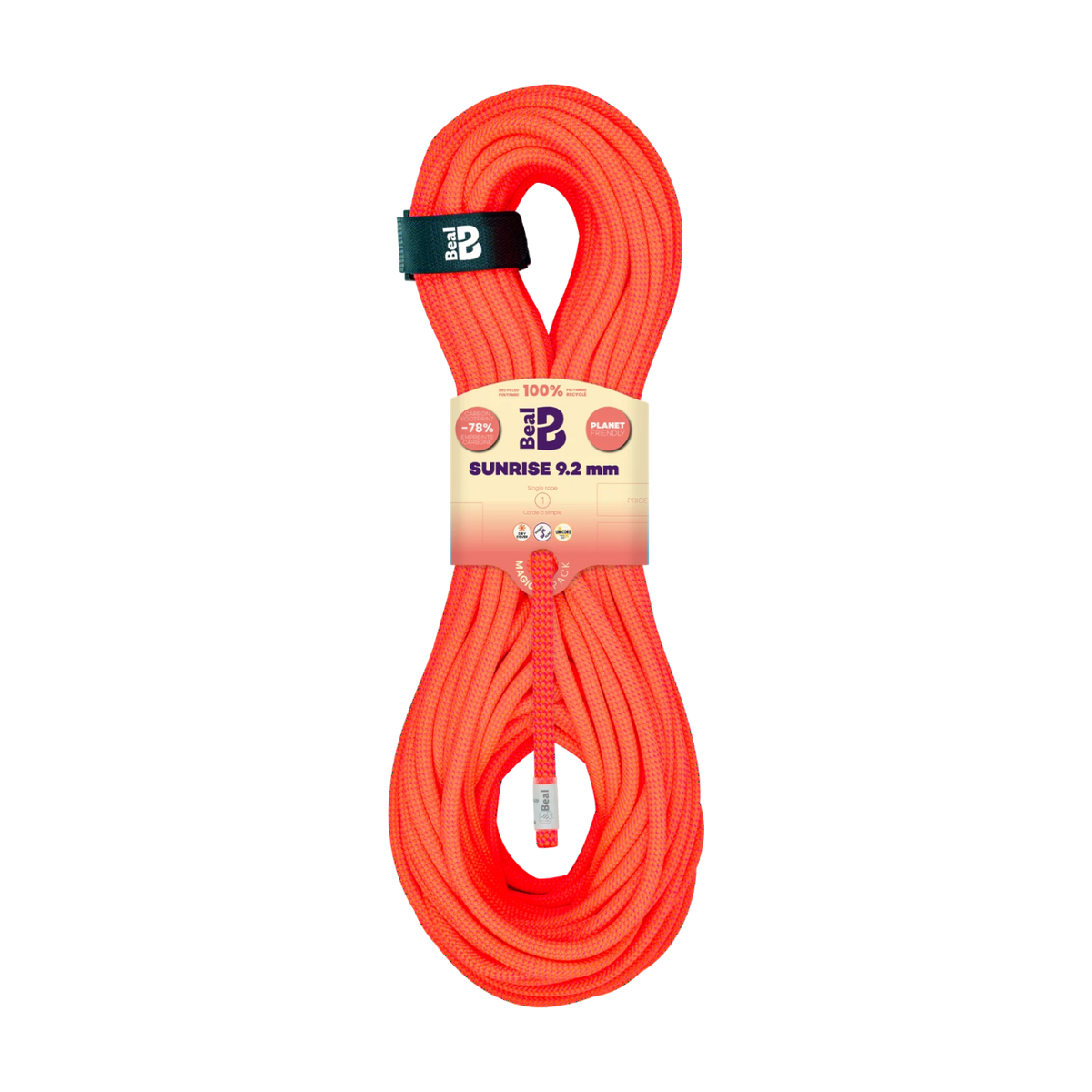 Corde d'escalade Beal Sunrise 9,2 mm orange en écheveau de 80 m, corde à simple 100% recyclée fabriquée en France.