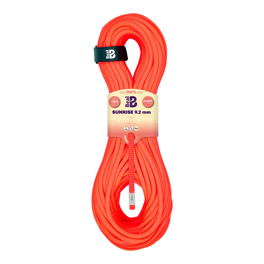 Corde d'escalade Beal Sunrise 9,2 mm orange en écheveau de 80 m, corde à simple 100% recyclée fabriquée en France.