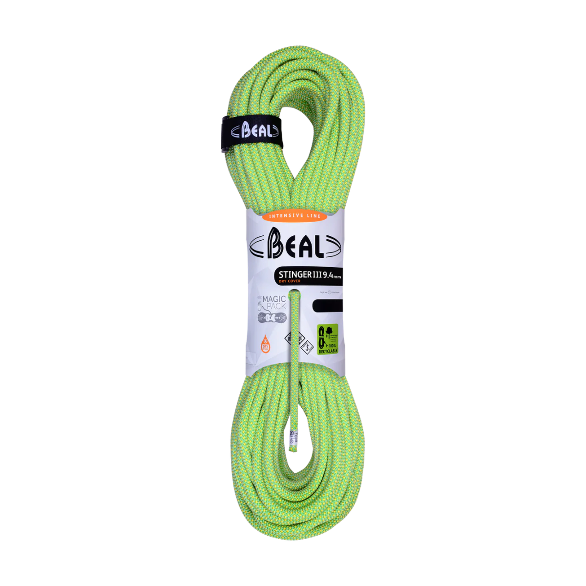 Corde d’escalade Beal Stinger 9.4 Unicore Dry Cover verte, corde lovée avec étiquette Beal sur fond sombre