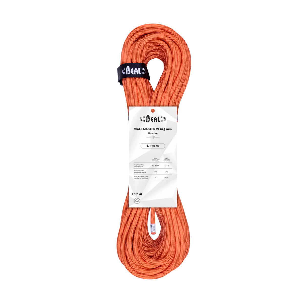 Corde d’escalade Beal Wall Master 10.5 Unicore orange, corde lovée avec étiquette produit Beal