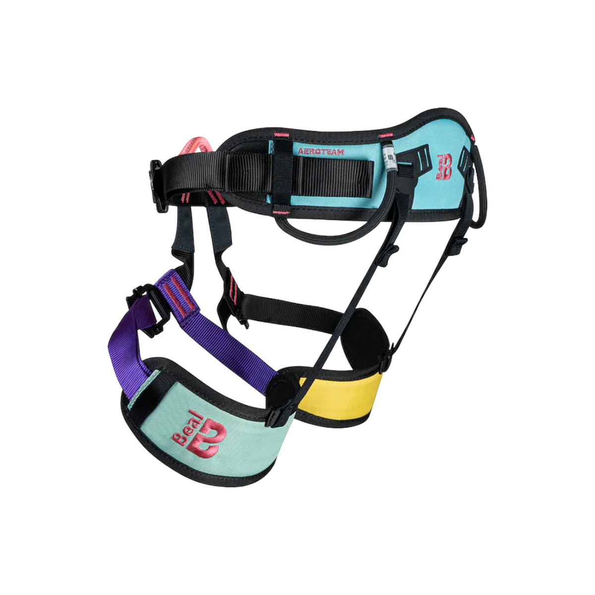 Baudrier d’escalade Beal Aeroteam IV, vue générale avec ceinture noire, cuisses violettes et renforts turquoise