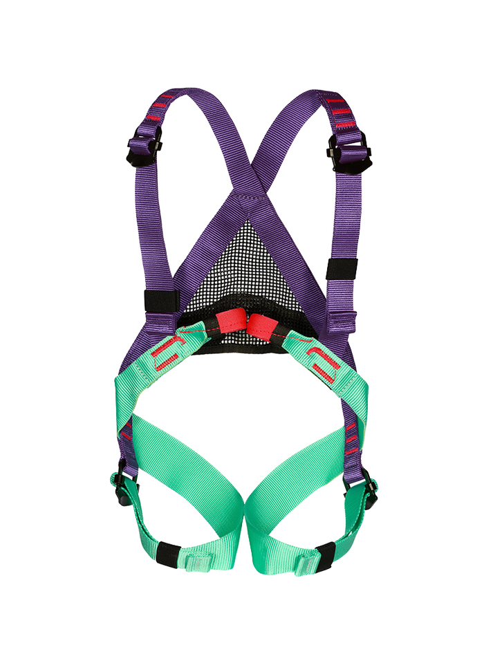 Harnais intégral Beal Bambi II violet et turquoise, vue de face avec bretelles croisées et cuissards réglables