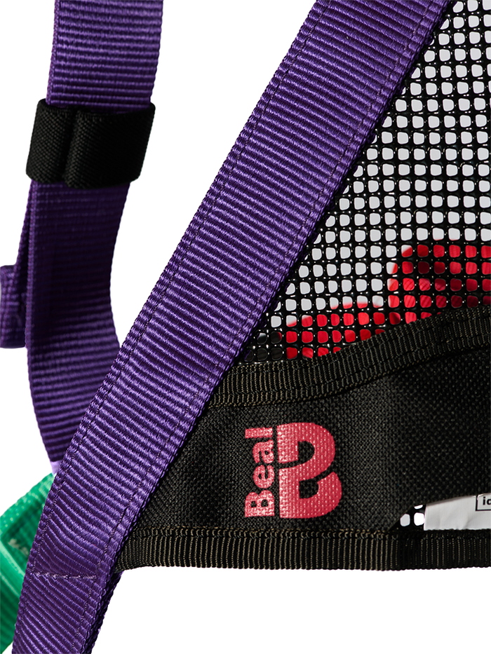 Harnais intégral Beal Bambi II, détail des sangles violettes croisées et du renfort textile noir avec logo Beal