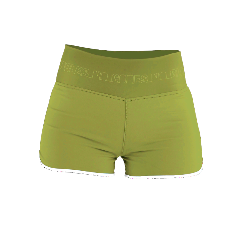 Short d’escalade femme Nograd Franc vert anis, vue de face avec large ceinture élastique et liseré blanc