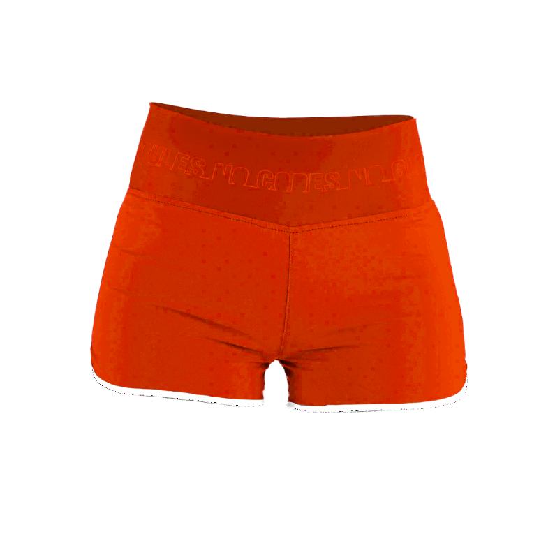 Short d’escalade femme Nograd Franc orange, vue de face avec large ceinture élastique et coupe courte