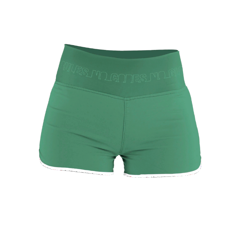 Short d’escalade femme Nograd Franc vert, vue de face avec large ceinture élastique et liseré blanc