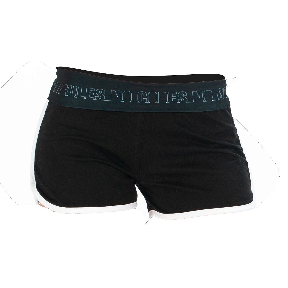 Short d’escalade femme Nograd Franc noir, vue de face avec ceinture bleu foncé et liseré blanc