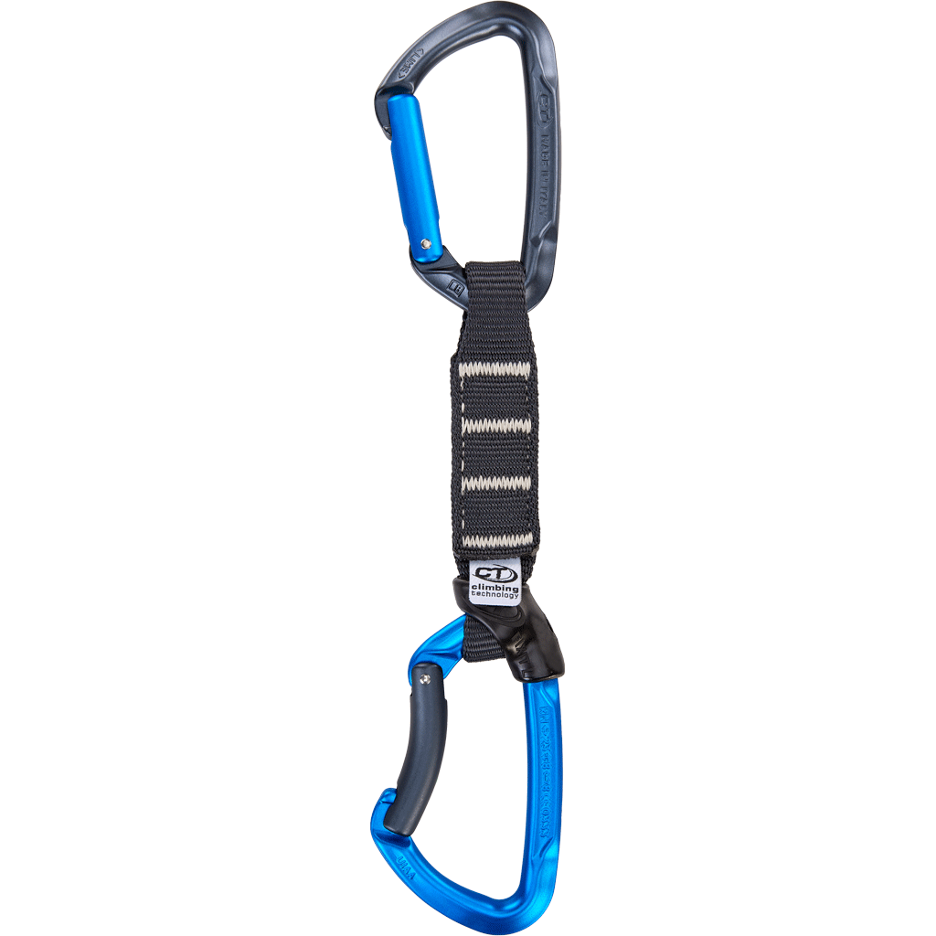 Dégaine Climbing Technology Lime Set NY Pro avec deux mousquetons bleus et sangle noire