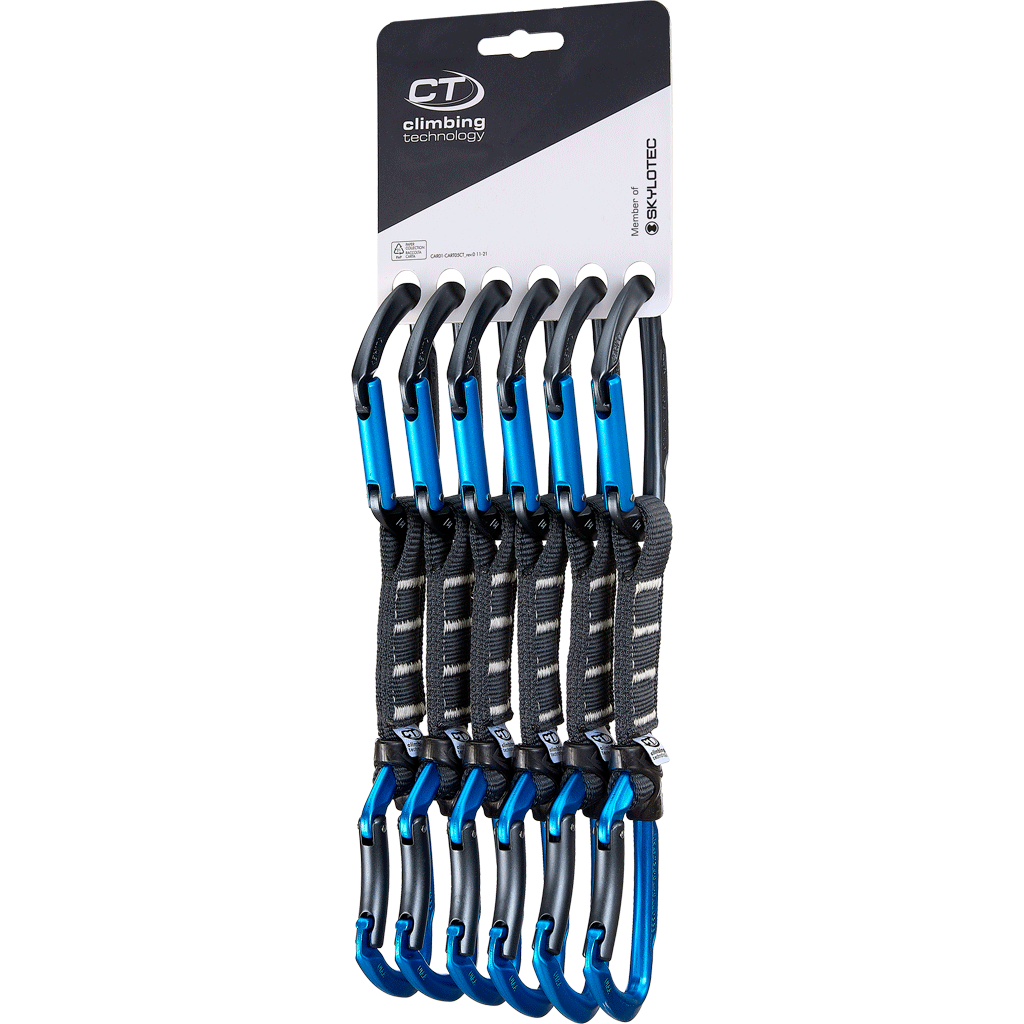 Lot de six dégaines Climbing Technology Lime Set NY Pro noires et bleues présenté sur support