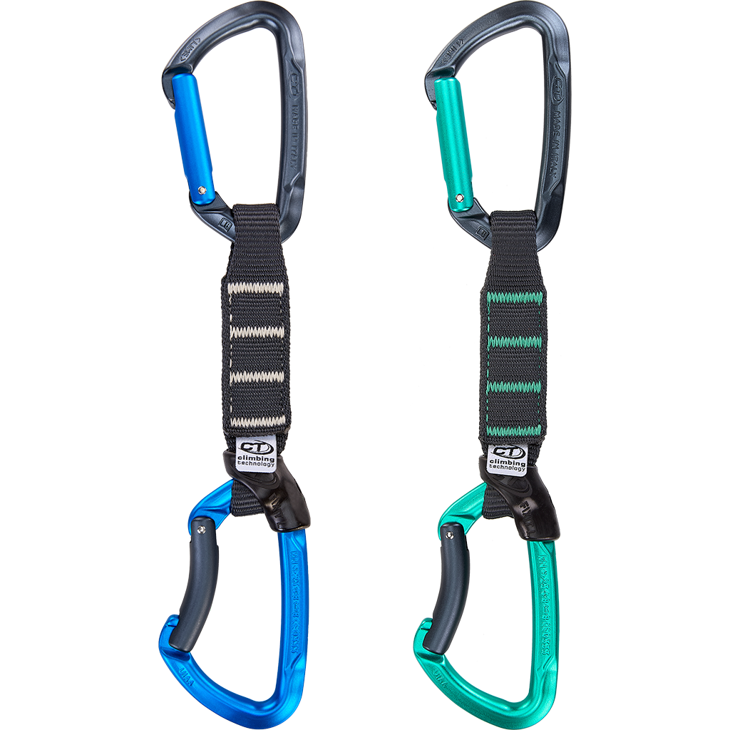 Dégaine Climbing Technology Lime Set NY Pro, vue complète avec détail de la sangle textile noire et verte
