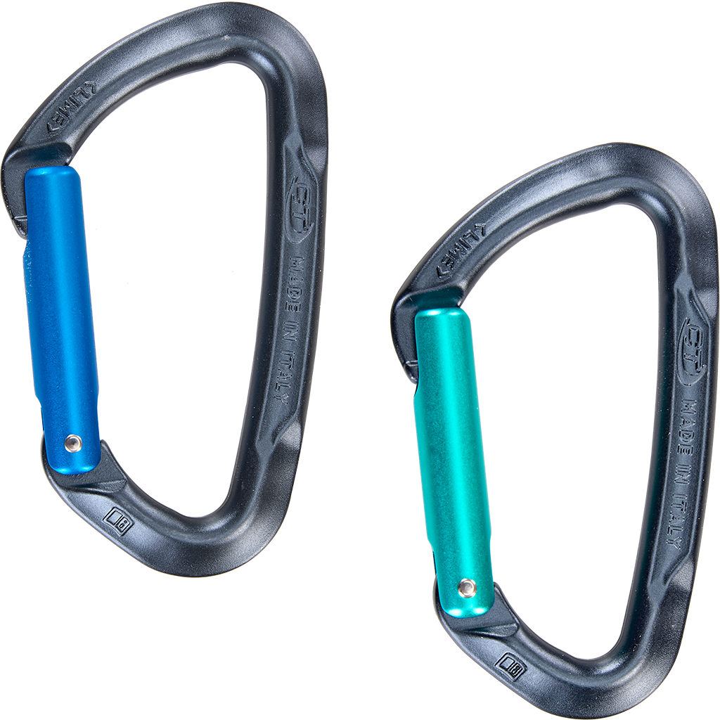 Dégaine Climbing Technology Lime Set NY Pro, gros plan sur le mousqueton bleu à doigt droit et son ouverture