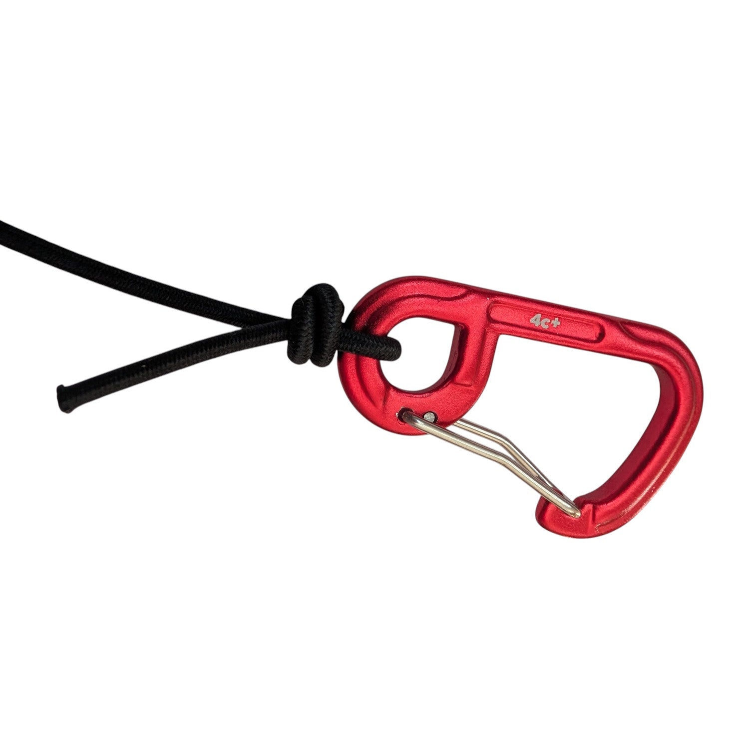 Mousqueton rouge gravé 4c+ relié au cordon élastique du leash Oops!