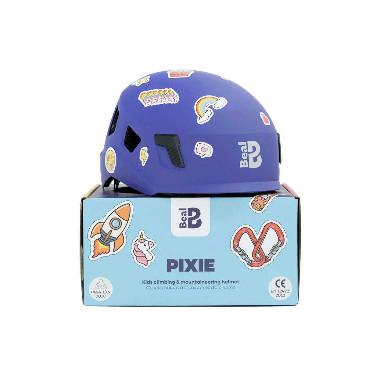Casque d'escalade enfant 4c+ Beal Pixie bleu Blueberry avec stickers ludiques sur sa coque en ABS robuste