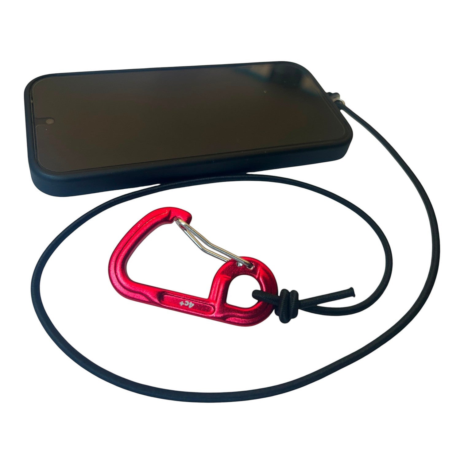 Smartphone avec leash Oops! enroulé et mousqueton rouge, fond blanc