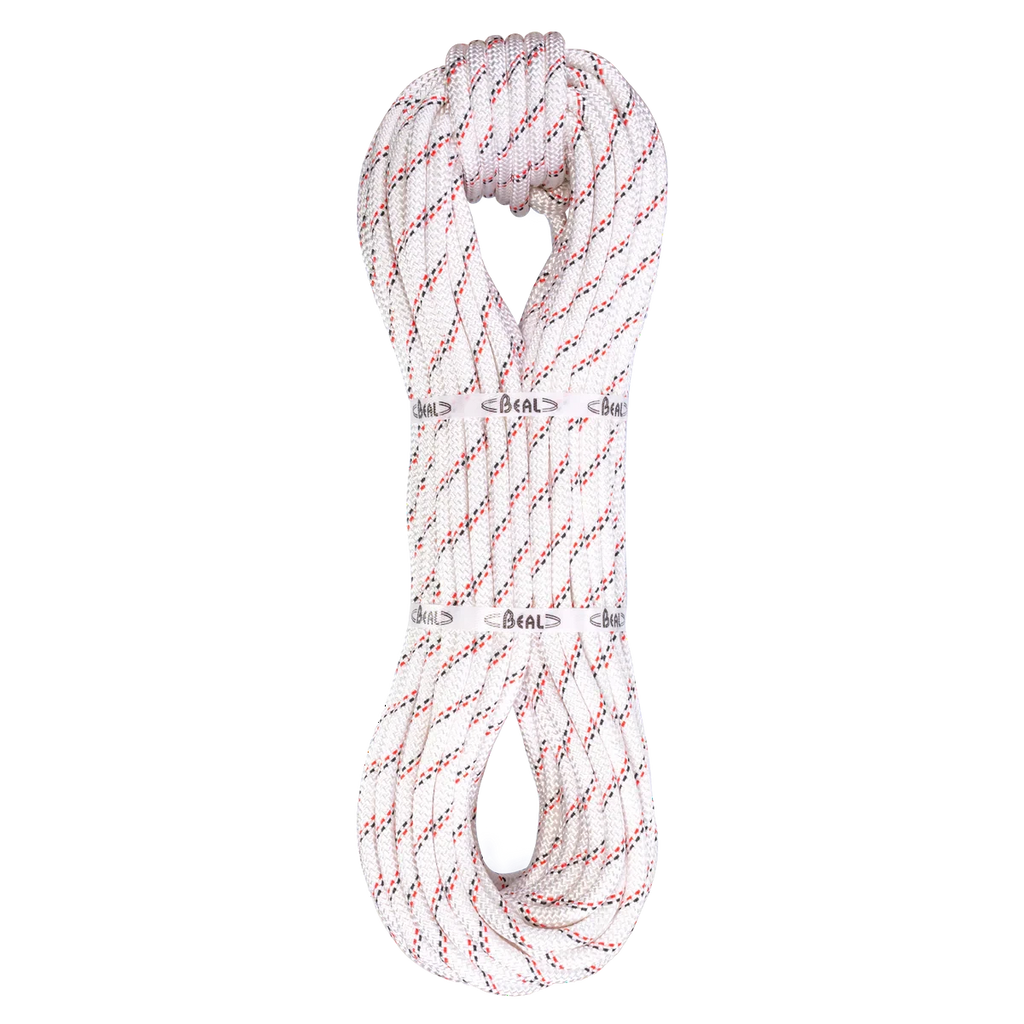 Corde semi-statique Beal Industrie 10,5 mm blanche avec repères rouges, conçue pour les travaux en hauteur, le secours et l'accès sur corde.