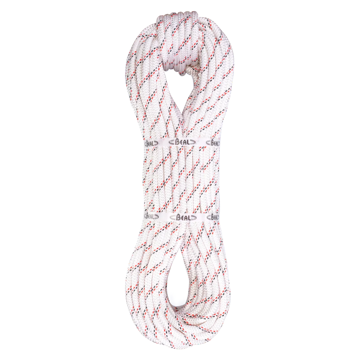 Corde semi-statique Beal Industrie 10,5 mm blanche avec repères rouges, conçue pour les travaux en hauteur, le secours et l'accès sur corde.