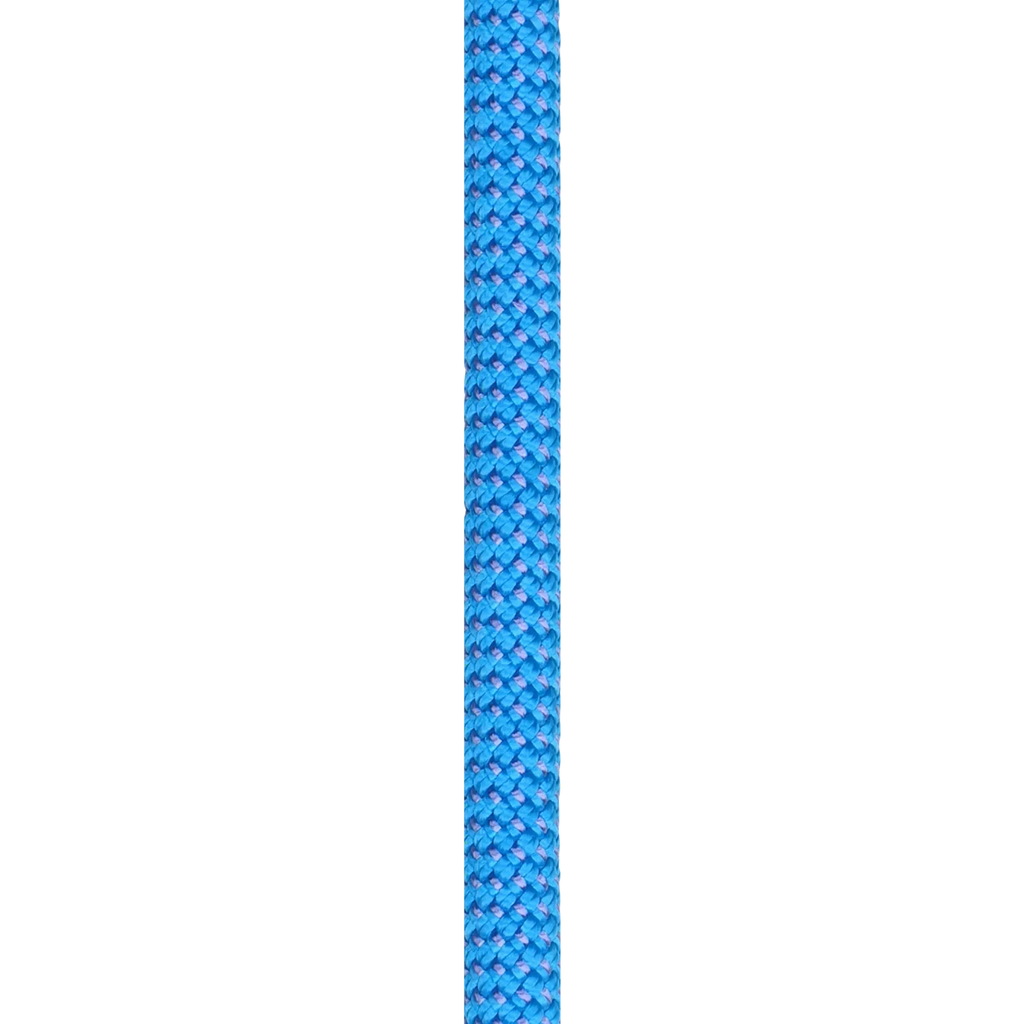 Détail du tressage de la corde Beal Joker 9,1 mm bleue pour escalade et alpinisme, avec unicore, dry cover et thermofluid.