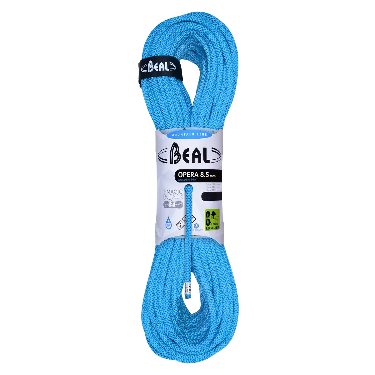 Corde Beal Opera 8,5 mm bleue, légère et performante pour escalade sportive, grandes voies et alpinisme.