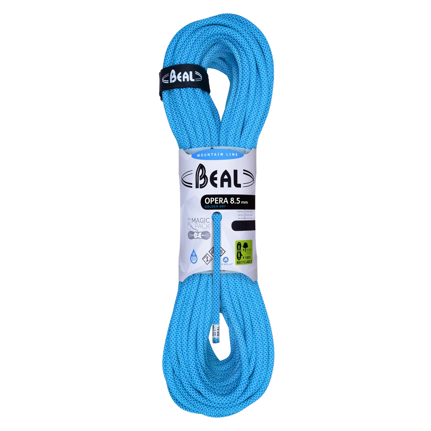 Corde Beal Opera 8,5 mm Golden Dry bleue, légère et performante pour escalade sportive, grandes voies et alpinisme.