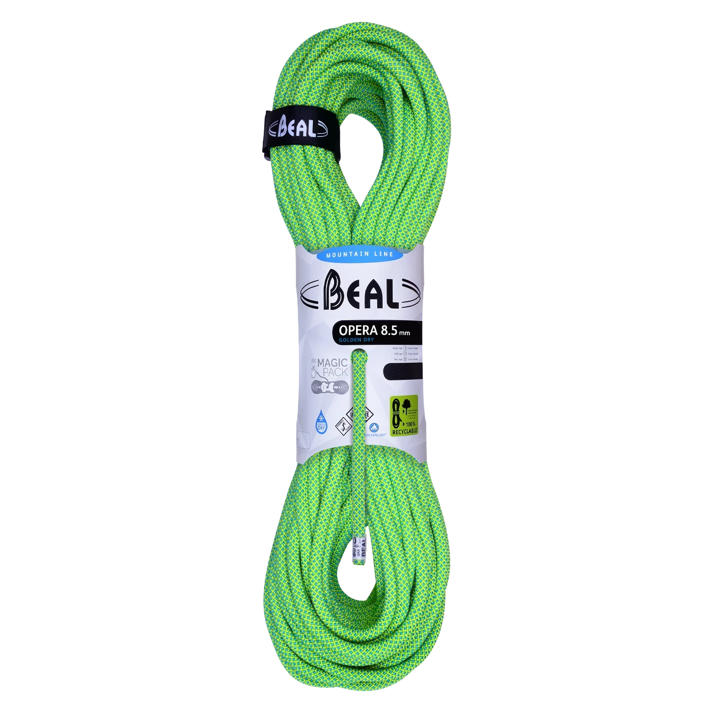 Corde Beal Opera 8,5 mm Golden Dry verte, ultralégère et polyvalente pour escalade sportive et alpinisme.