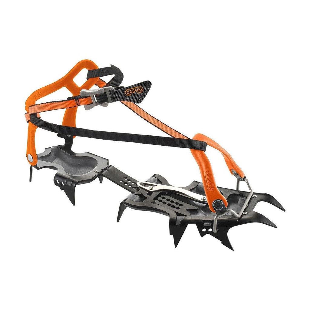 Crampon CAMP Cassin Alpinist Universal 12 pointes - vue de profil avec fixation universelle orange