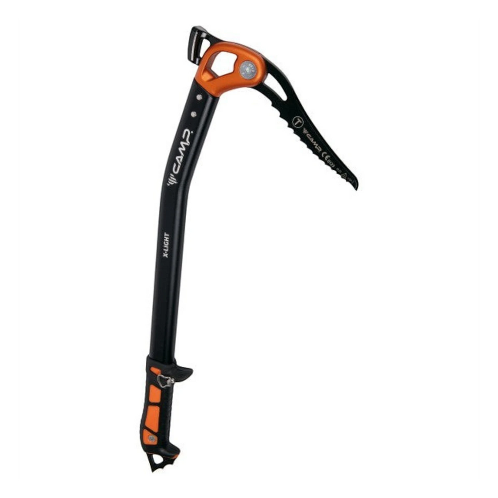Piolet CAMP X-Light Hammer noir et orange, vue complète de profil avec poignée ergonomique