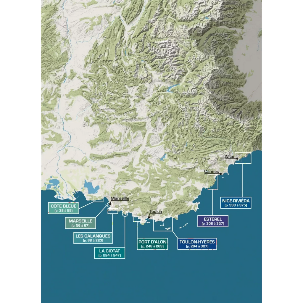 Carte des sites de Deep Water Solo en Provence et Côte d'Azur avec Marseille, les Calanques, La Ciotat, Toulon et Nice.