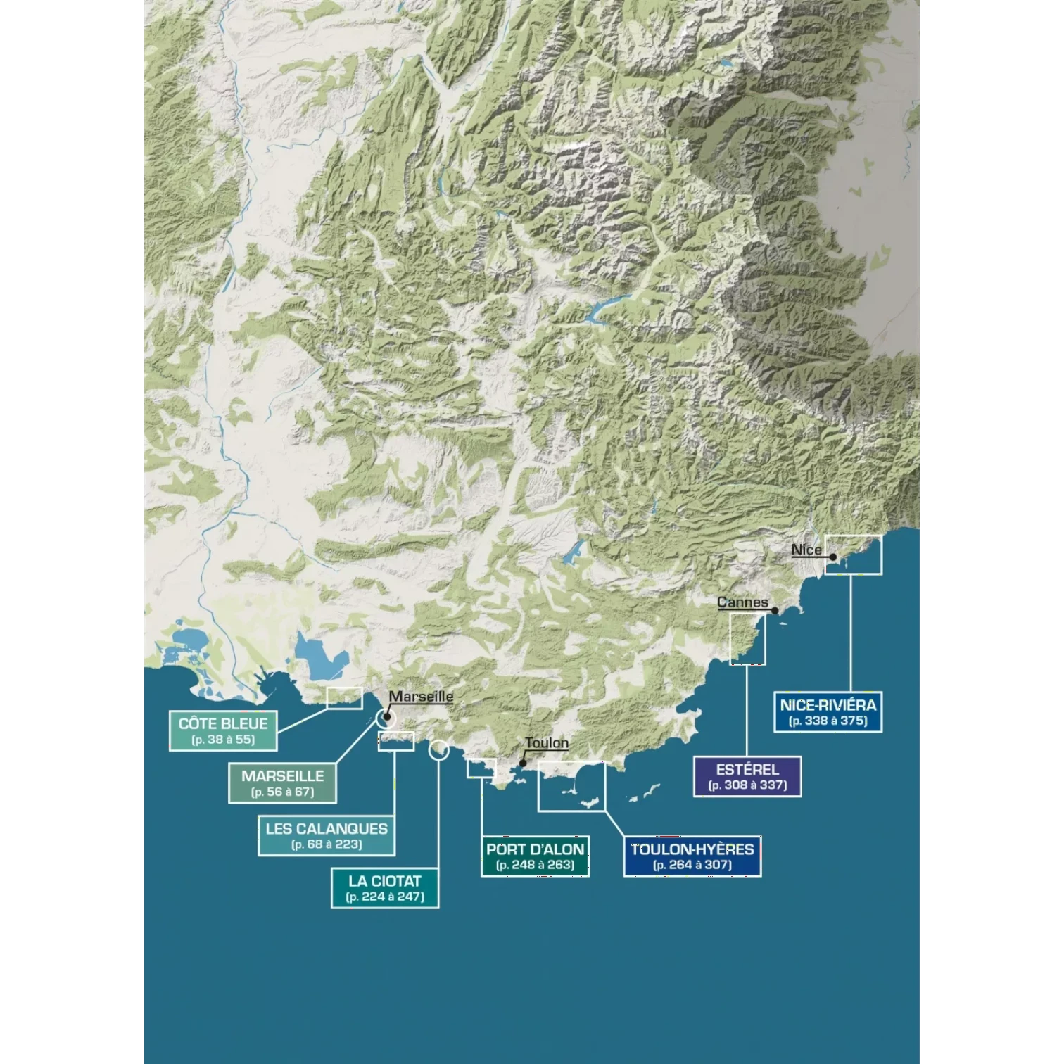 Carte des sites de Deep Water Solo en Provence et Côte d'Azur avec Marseille, les Calanques, La Ciotat, Toulon et Nice.