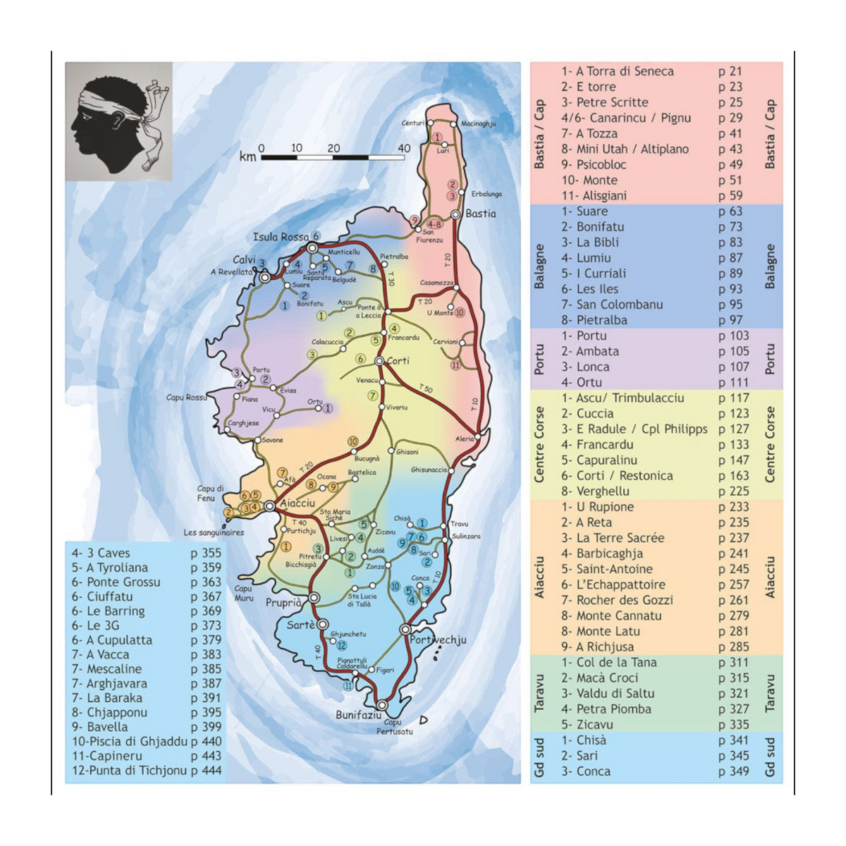 Topo Falaises de Corse, carte de l’île avec localisation et liste des principaux sites d’escalade