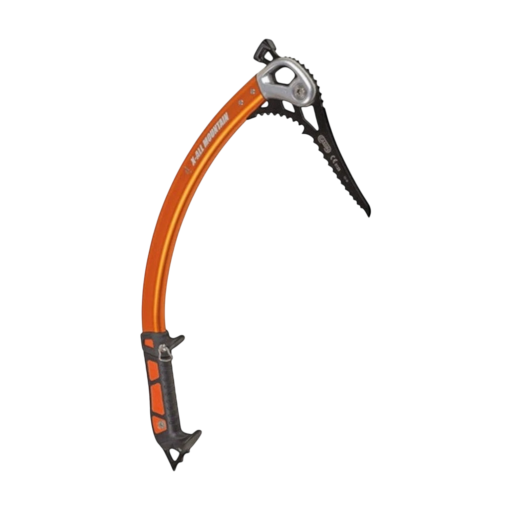 Piolet technique CAMP X-All Mountain Hammer orange et noir, vue complète sur fond sombre