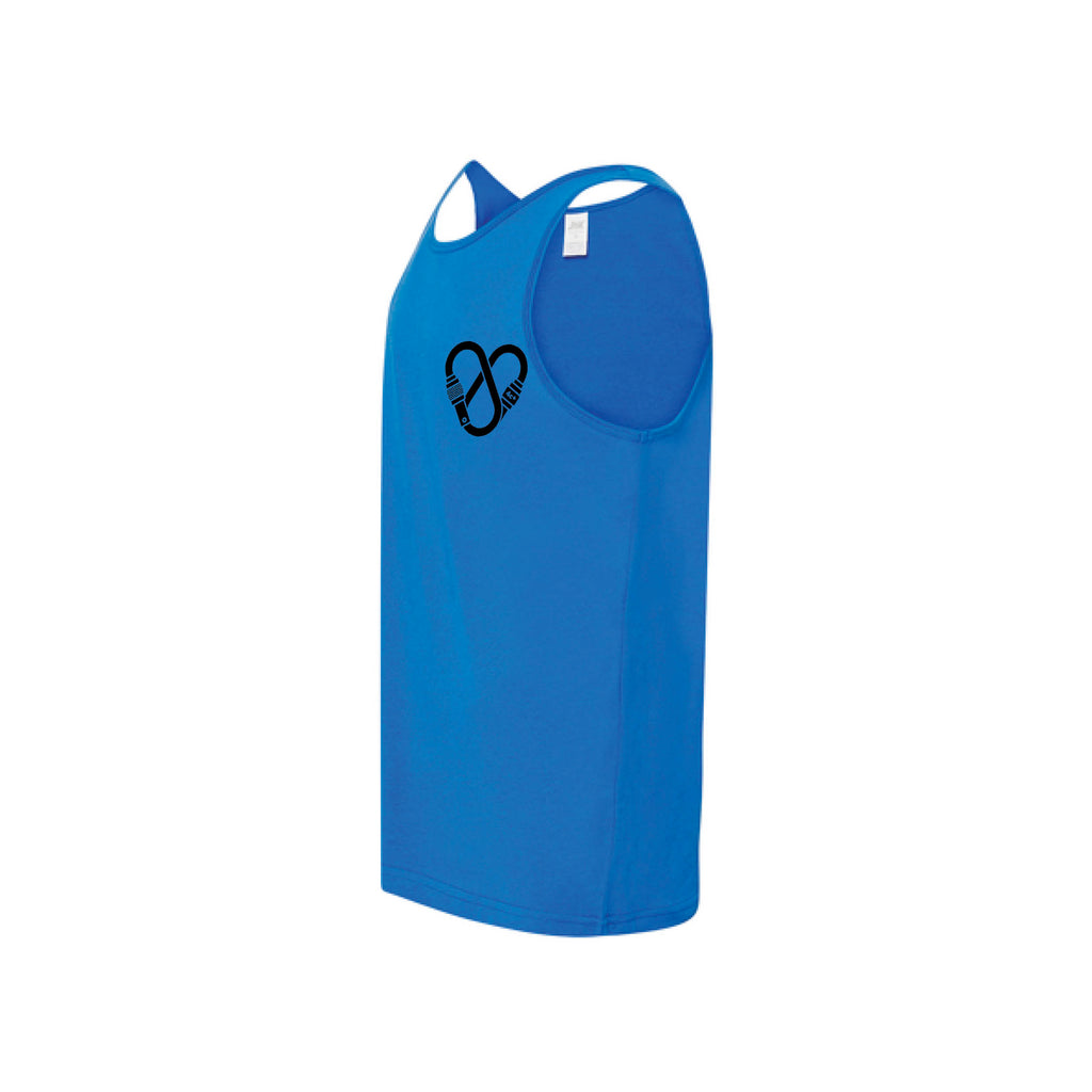 Camiseta de tirantes de escalada unisex 4c+ azul, vista lateral con motivo de corazón negro visible
